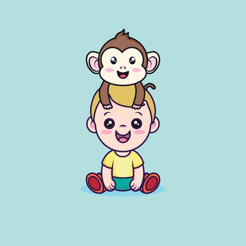 Boy with a monkey on his head in a friendly pose vector