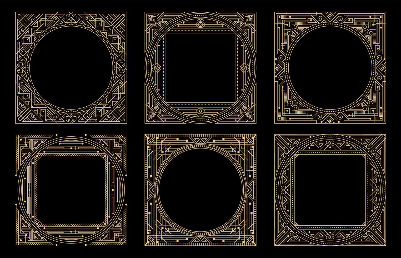 Art deco frames in gold lines on black background vector
