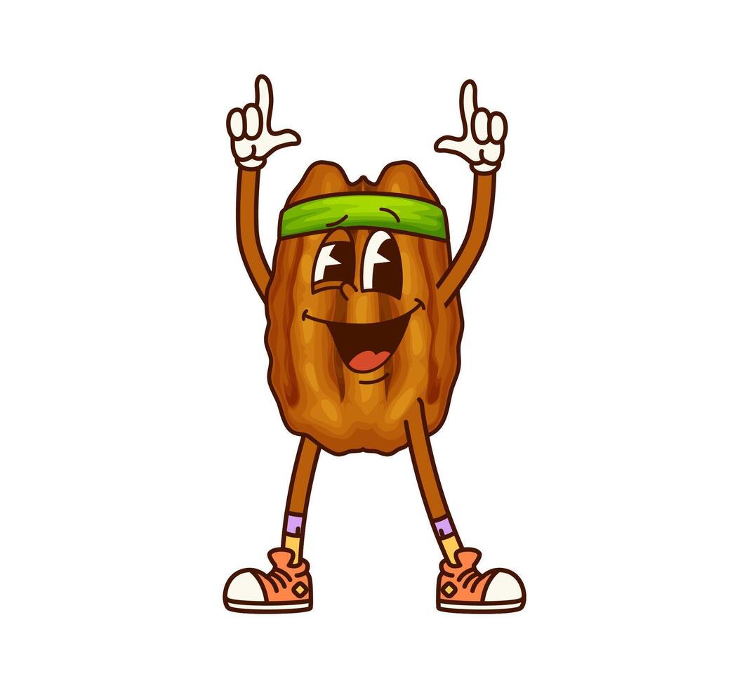 Cartoon groovy walnut seed character, funny face vector