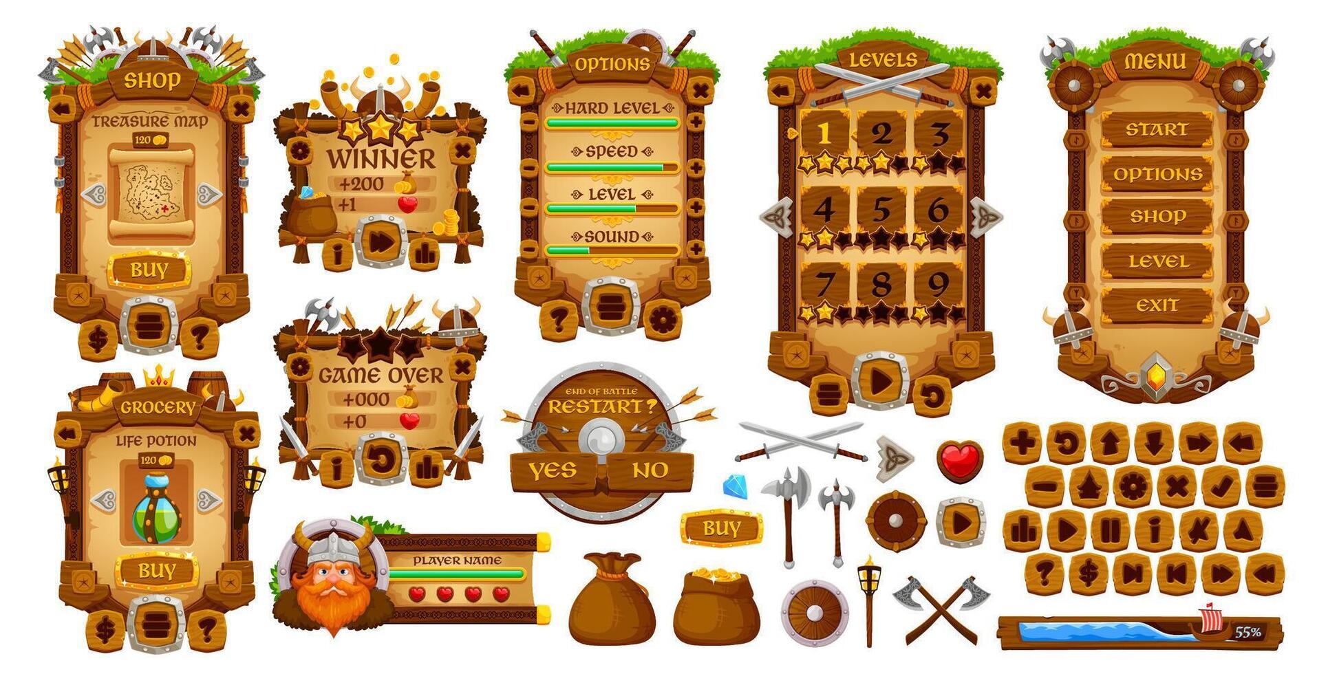 Vikings game interface asset, GUI buttons, panels vector