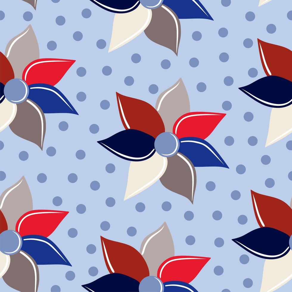 Seamless repeating pattern with hand drawn flower blossoms in red, blue and white. Hand drawn illustration, perfect for fabrics, greeting cards, wrapping paper, packaging vector