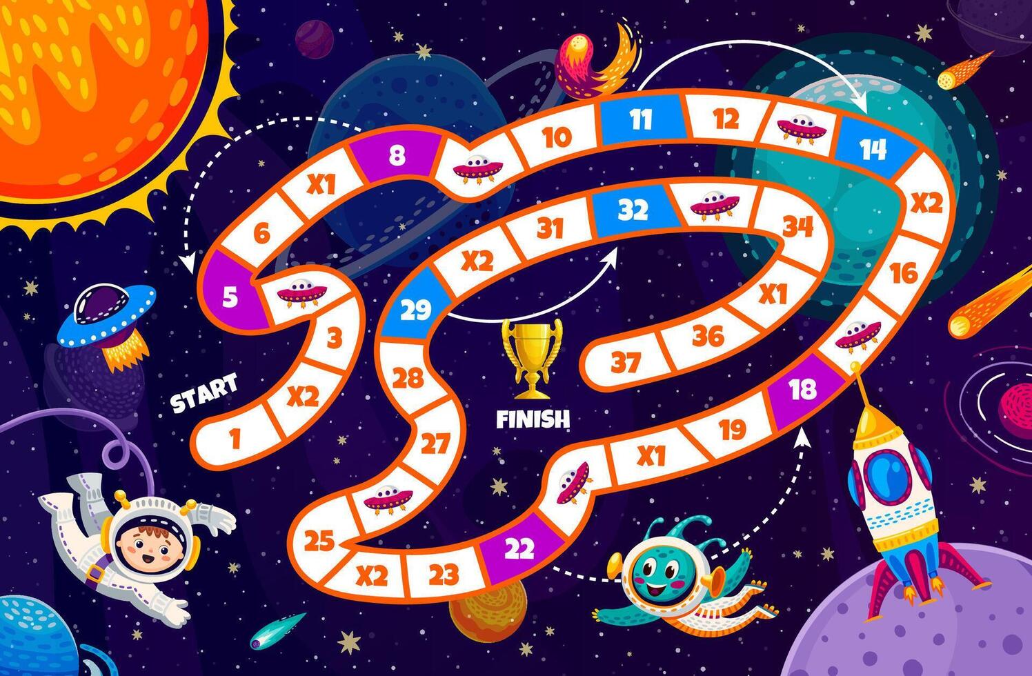 Kids space board step game interactive worksheet vector