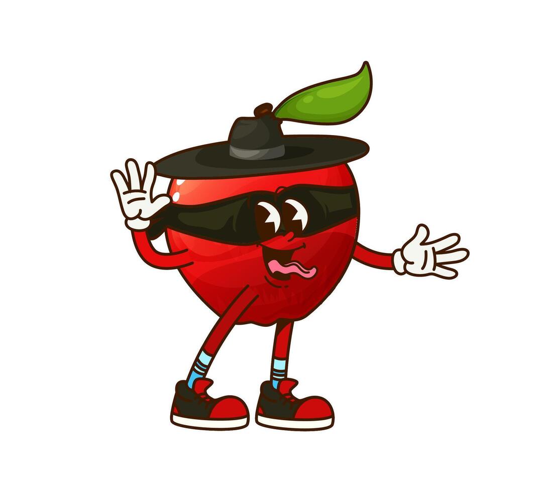 Cartoon groovy red apple fruit bandit character vector