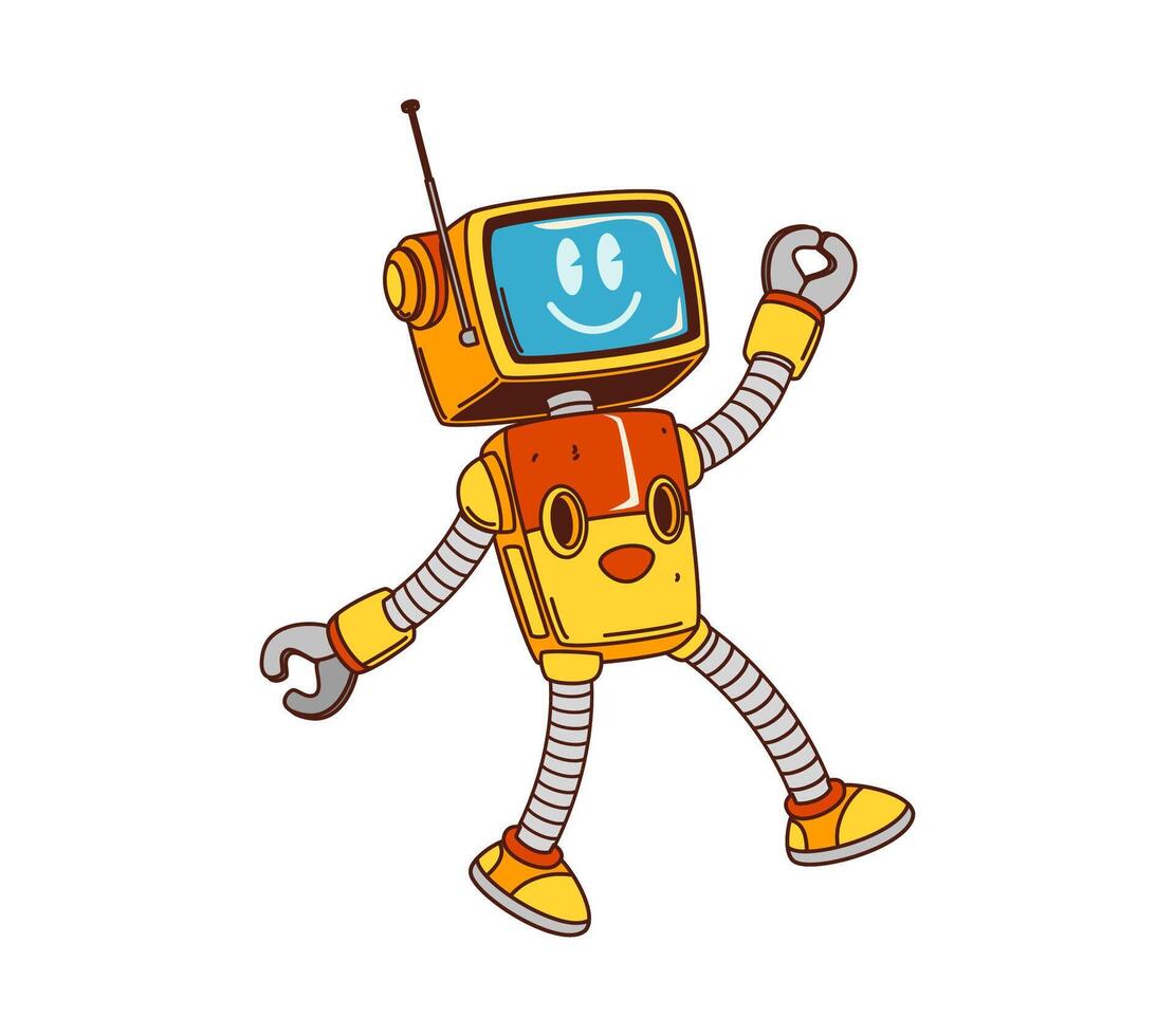 Cartoon groovy robot character with yellow body vector