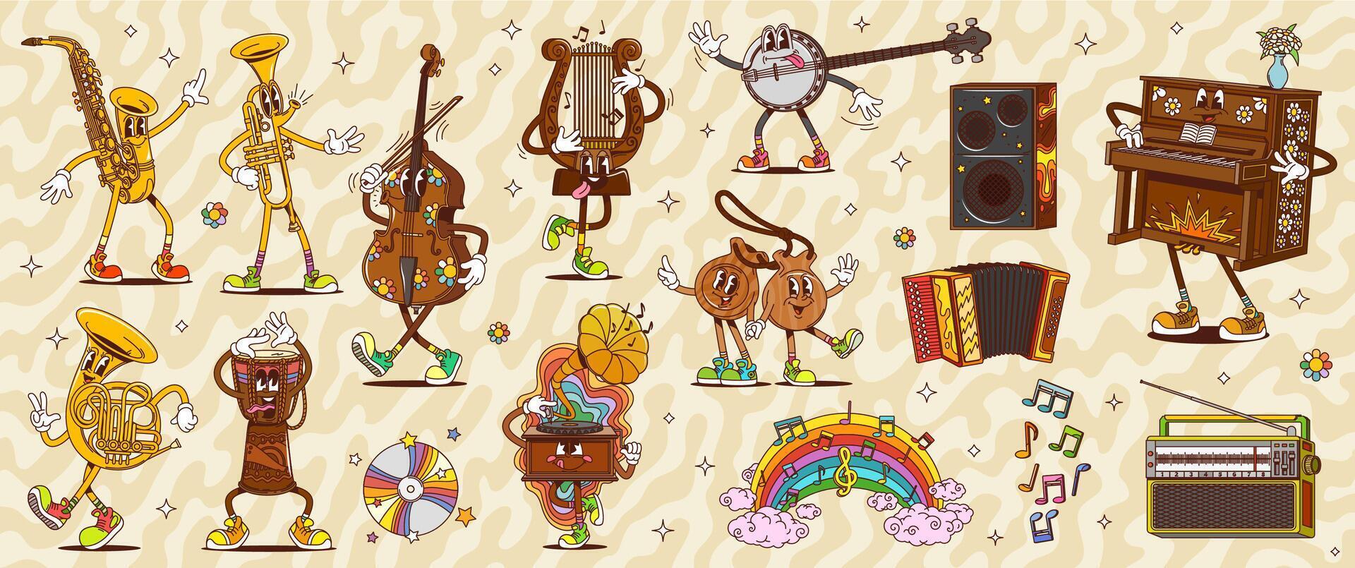 Cartoon groovy musical instrument characters vector