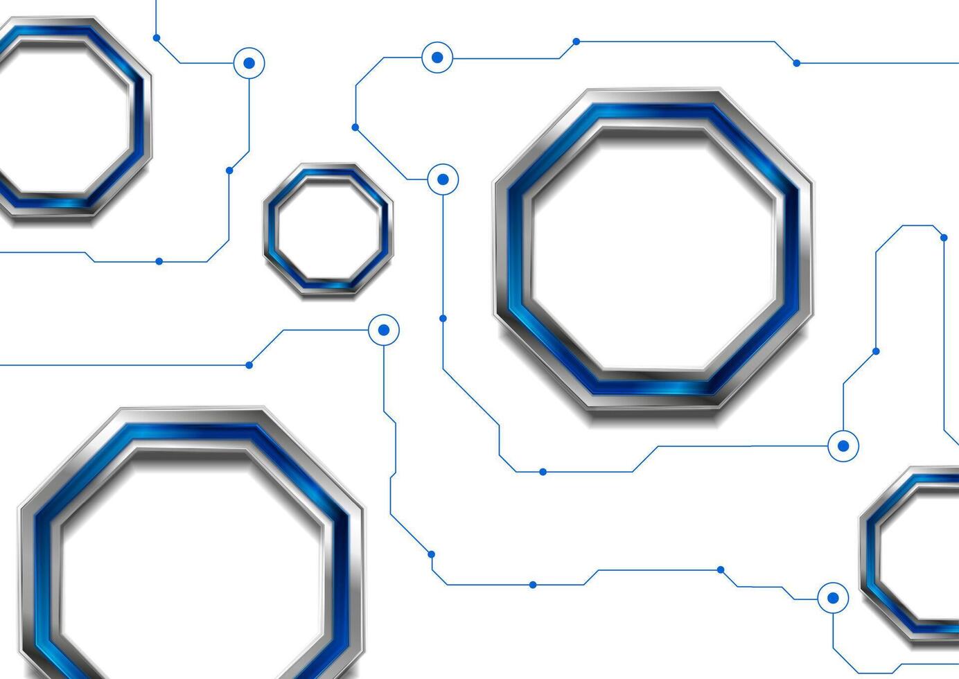 Metallic and blue glossy octagons and connection lines technology background vector