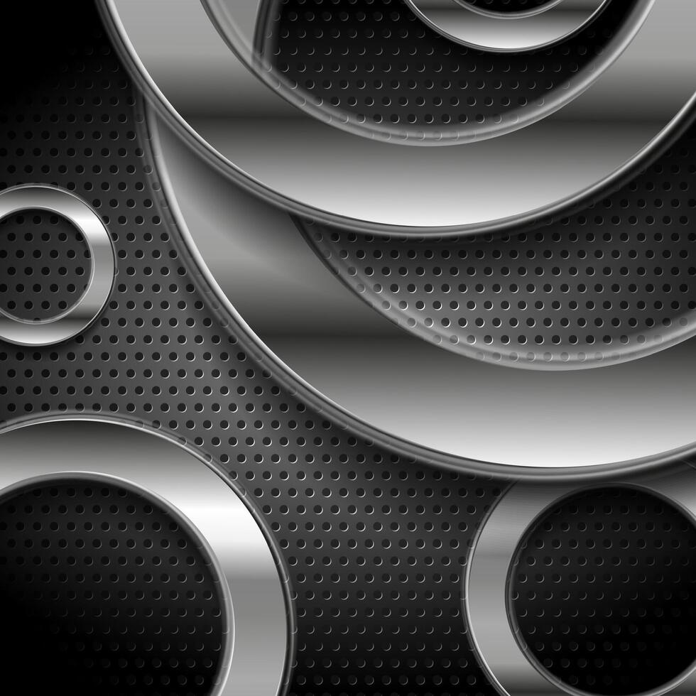 Tech abstract background with silver circles on perforated metallic texture vector