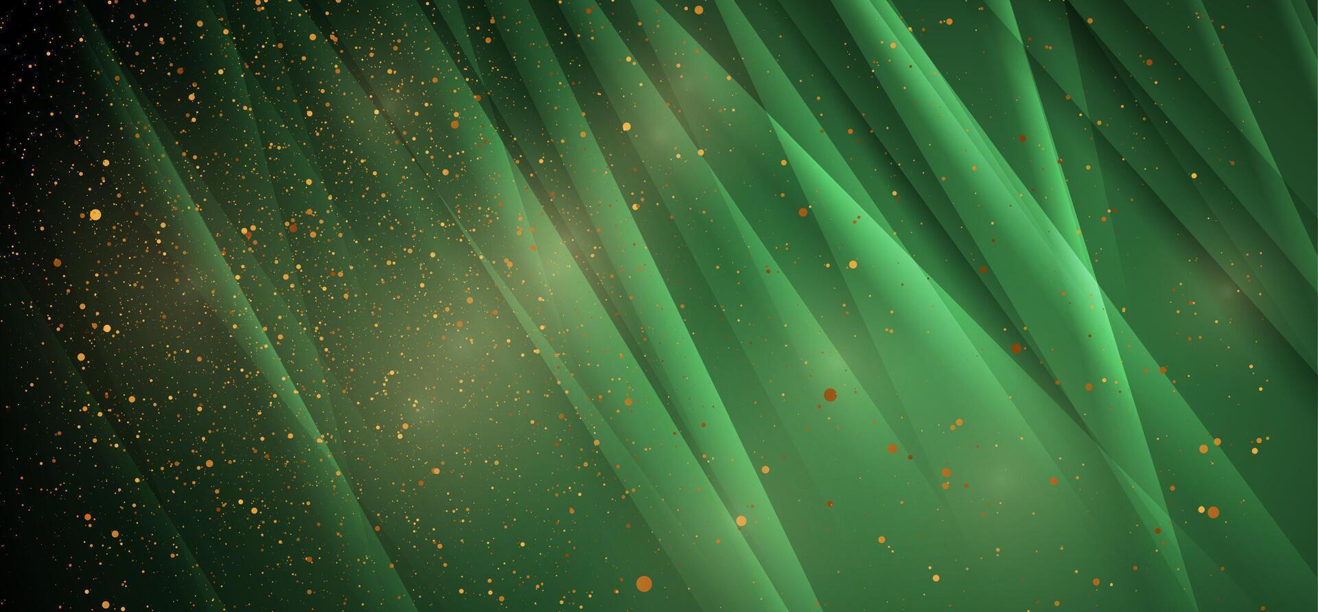 Bright green glossy striped abstract background with golden particles vector