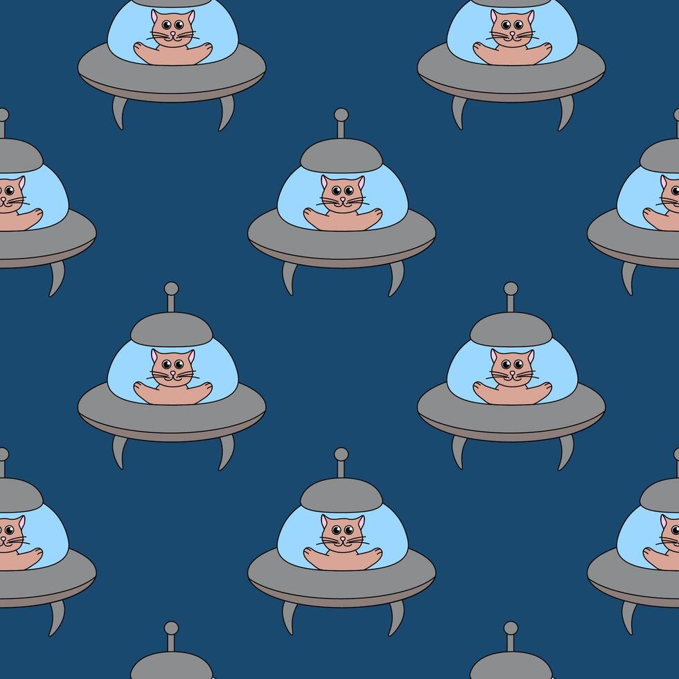 Seamless Pattern with funny cat in UFO spaceship on blue background. Flat Illustration. vector