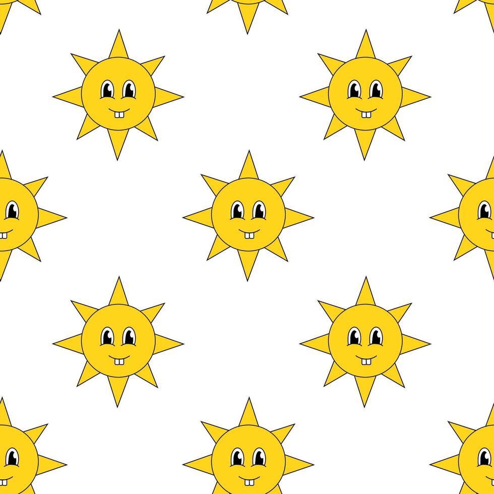 Seamless pattern with Smiling Faces Sun in groovy style. flat illustration. vector