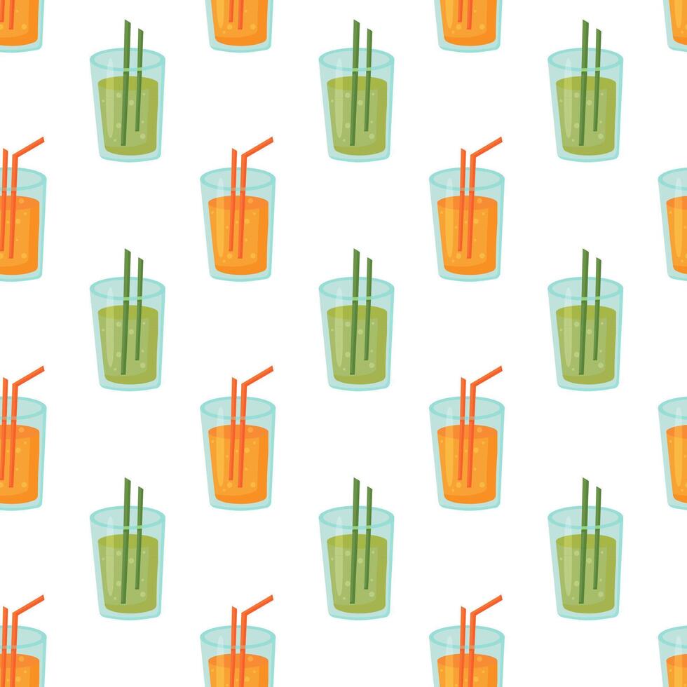 Seamless Pattern with cocktail orange and green color in glass with straw. Fresh summer drink. illustration. vector