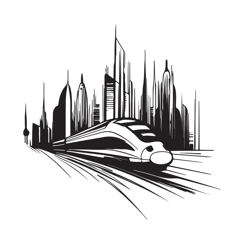 High speed modern train in futuristic city image isolated on white background vector