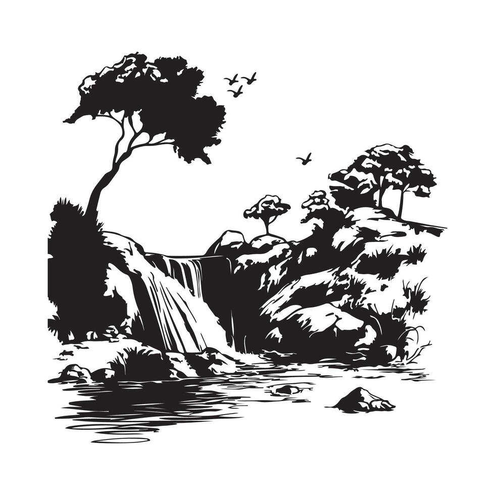 Black and white Tranquil scene flowing water, green trees, and rocky landscape image isolated on white background vector