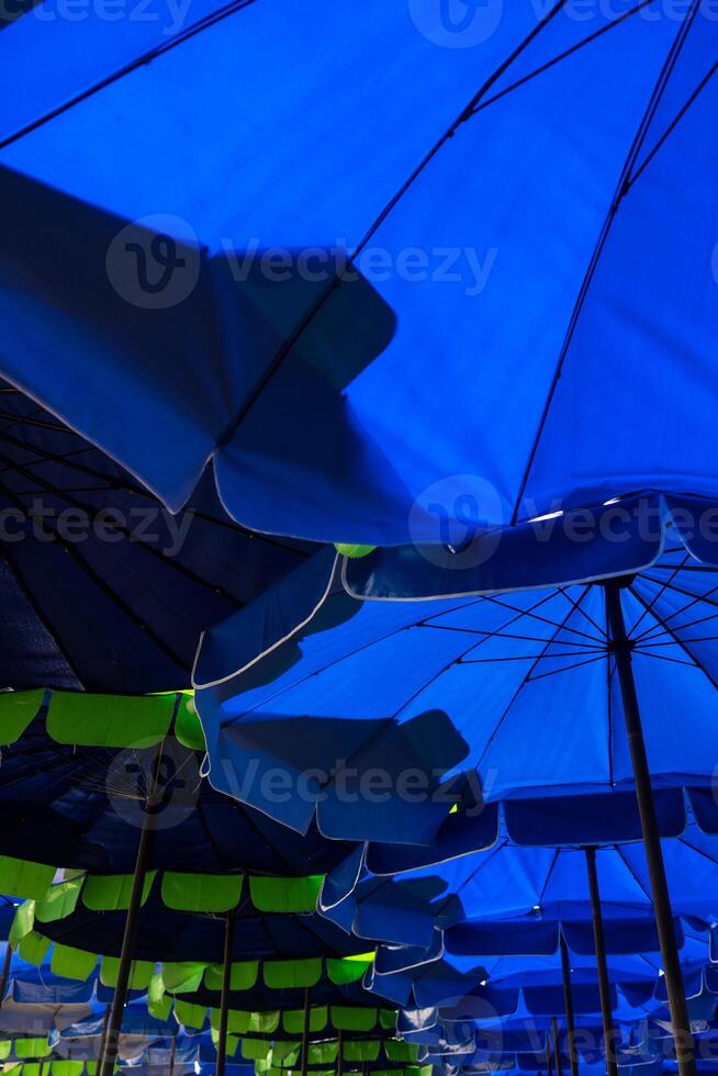 Umbrella of blue and green on the beach photo