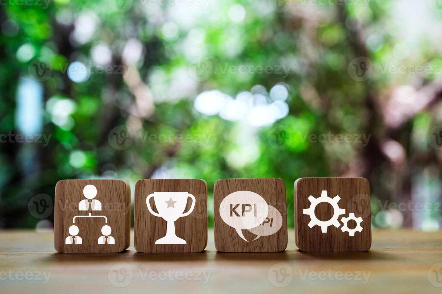 Data management system icon on wooden block, metrics connected to database. photo