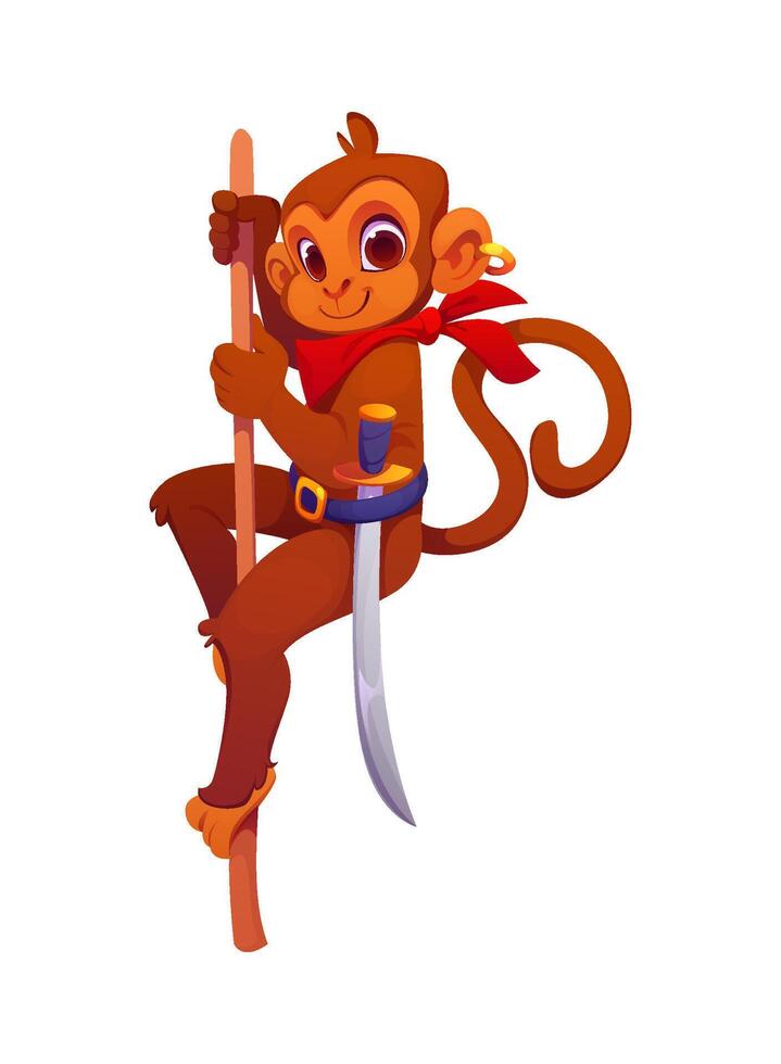 Cartoon monkey pirate animal climbing wooden stick vector