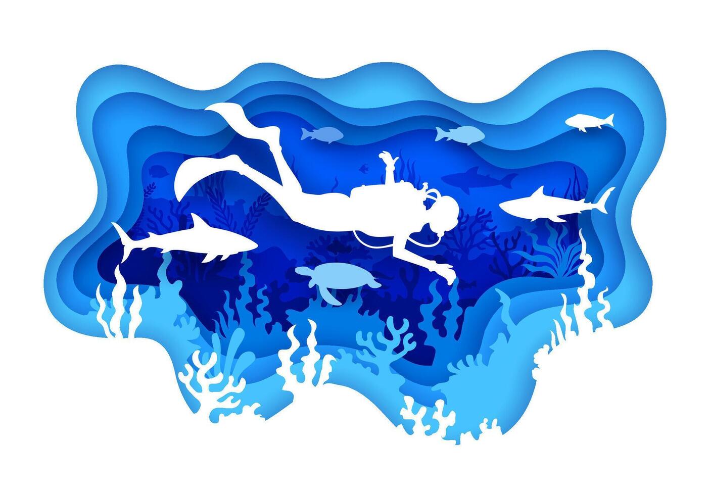 Diver silhouette at paper cut underwater landscape vector