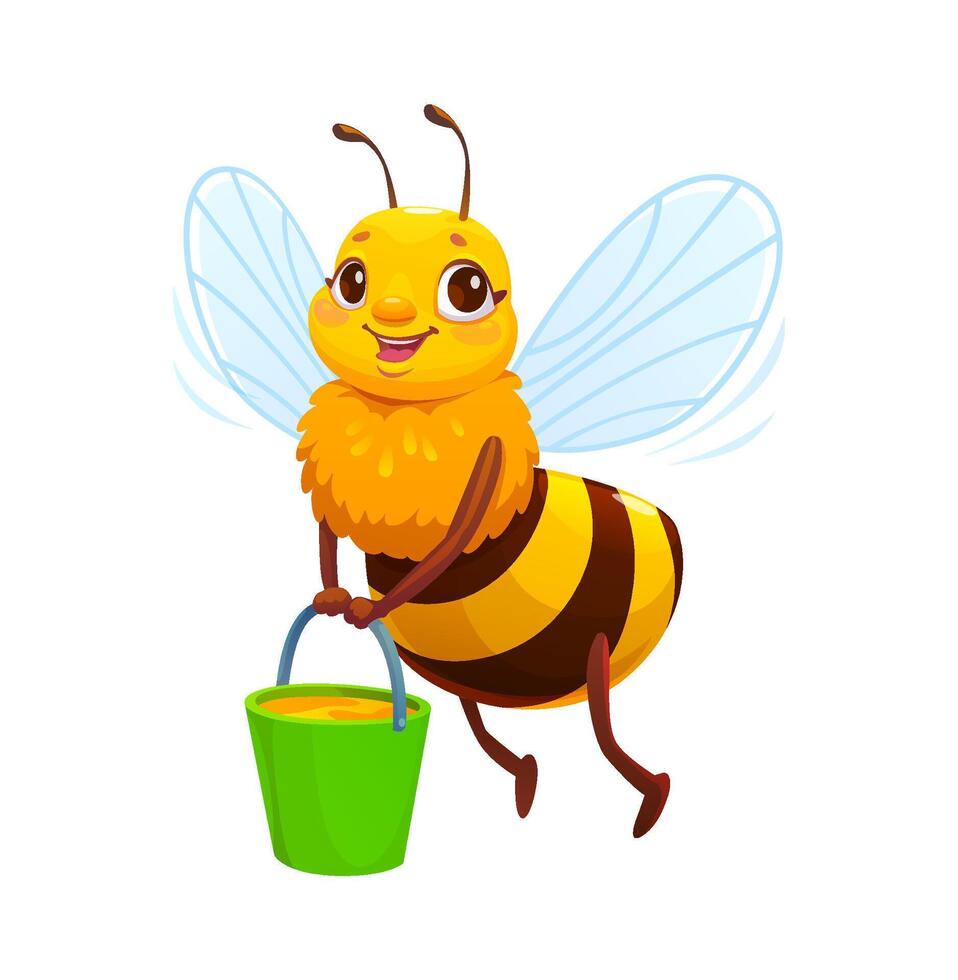 Cartoon honey bee character flying with bucket vector