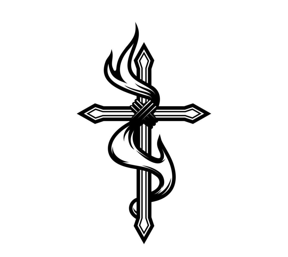 Christianity cross tattoo symbol with fire flame vector