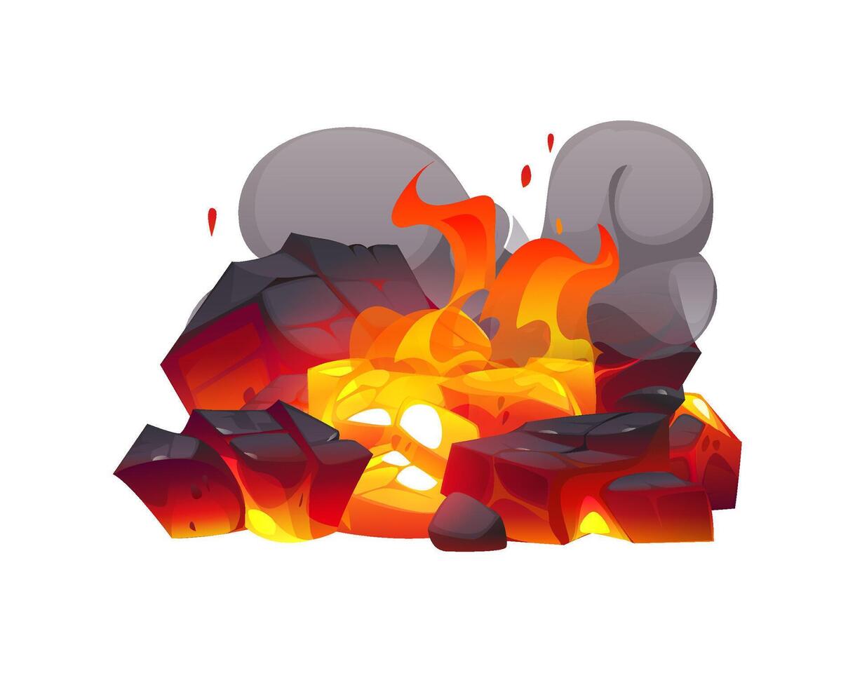 Cartoon fireplace charcoal, fire flames burn coal vector