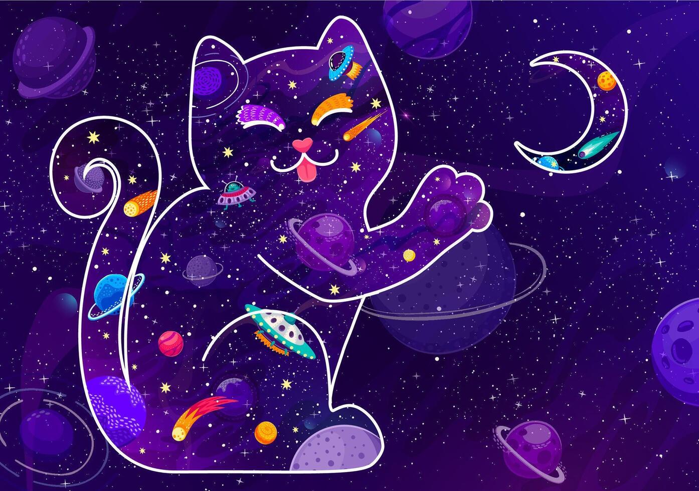 Galaxy space cat touching moon with paw in sky vector