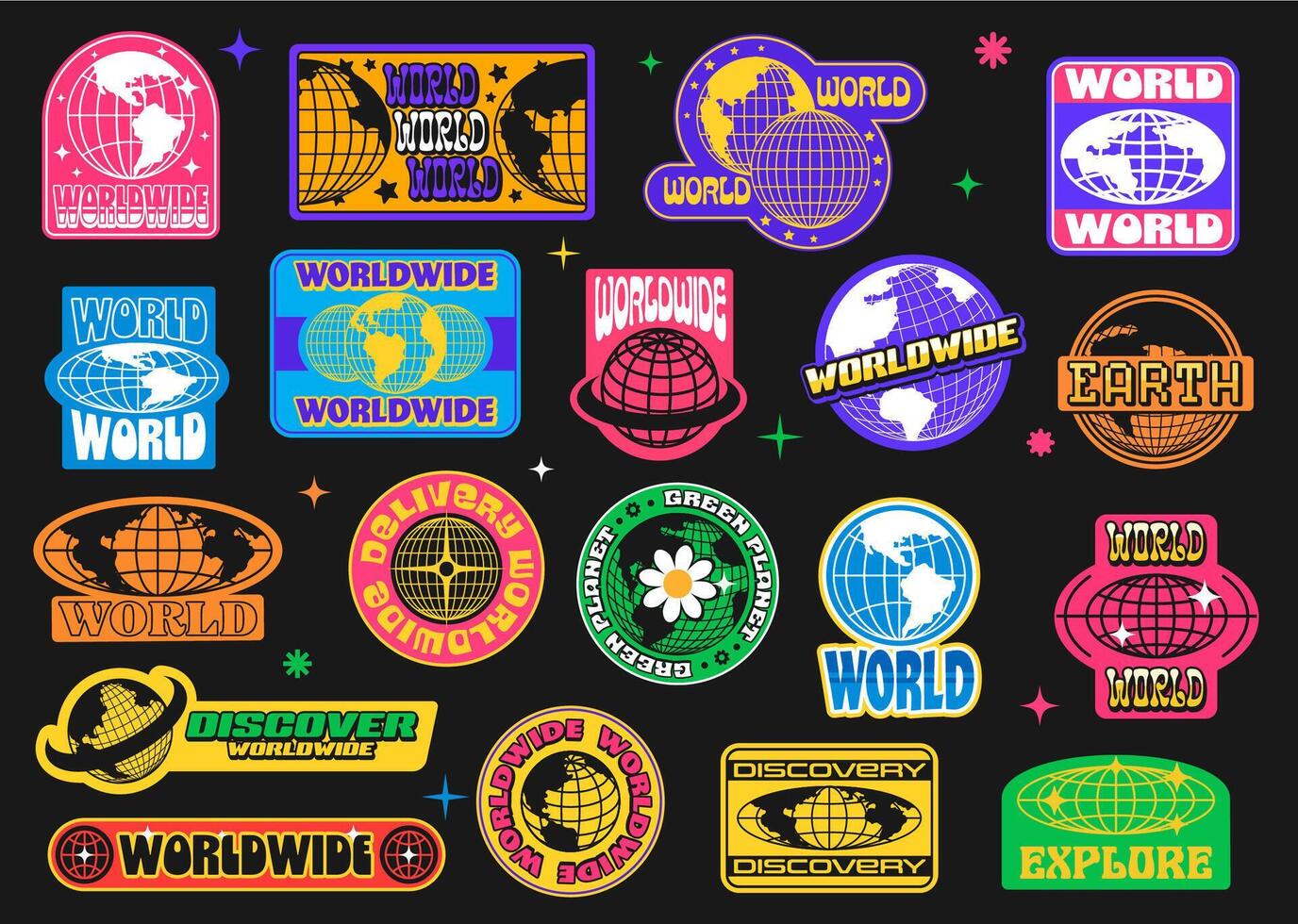 Earth globe y2k groovy stickers, sphere labels vector