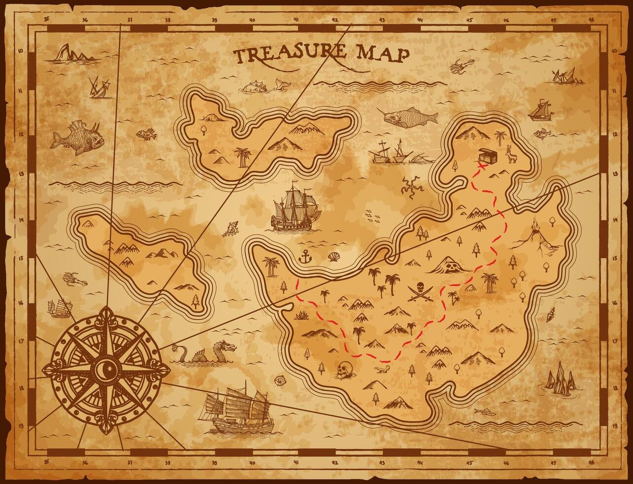 Vintage map of pirate treasures island and compass vector