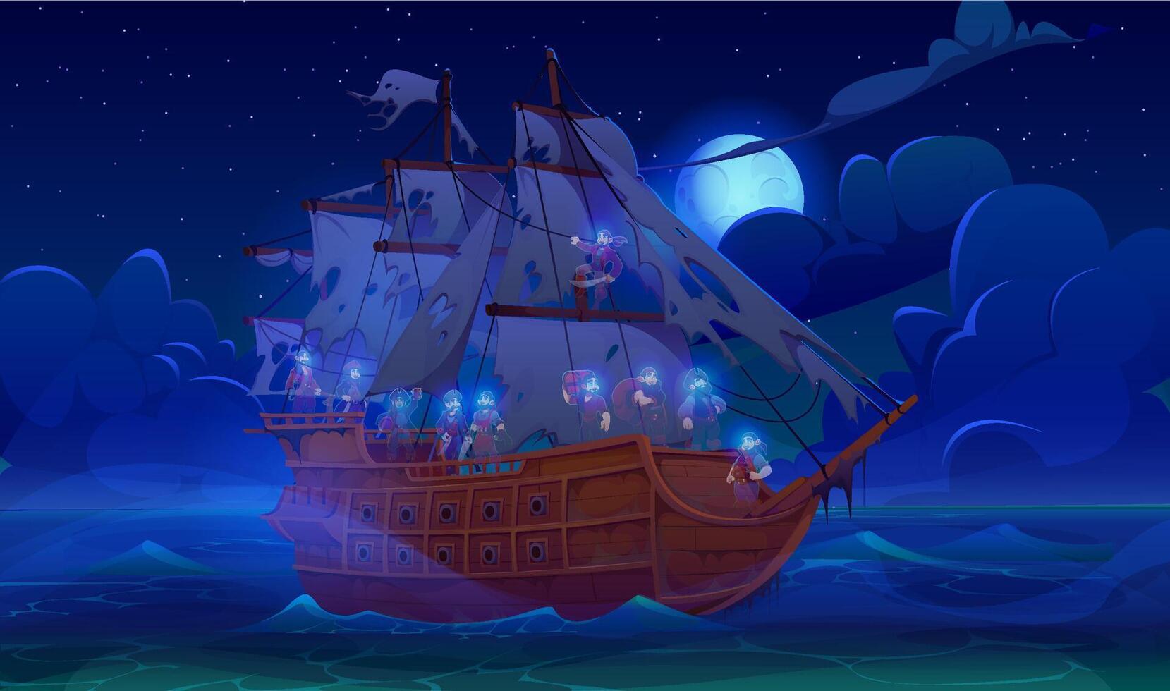 Ghost pirate sail ship flying Dutchman with crew vector