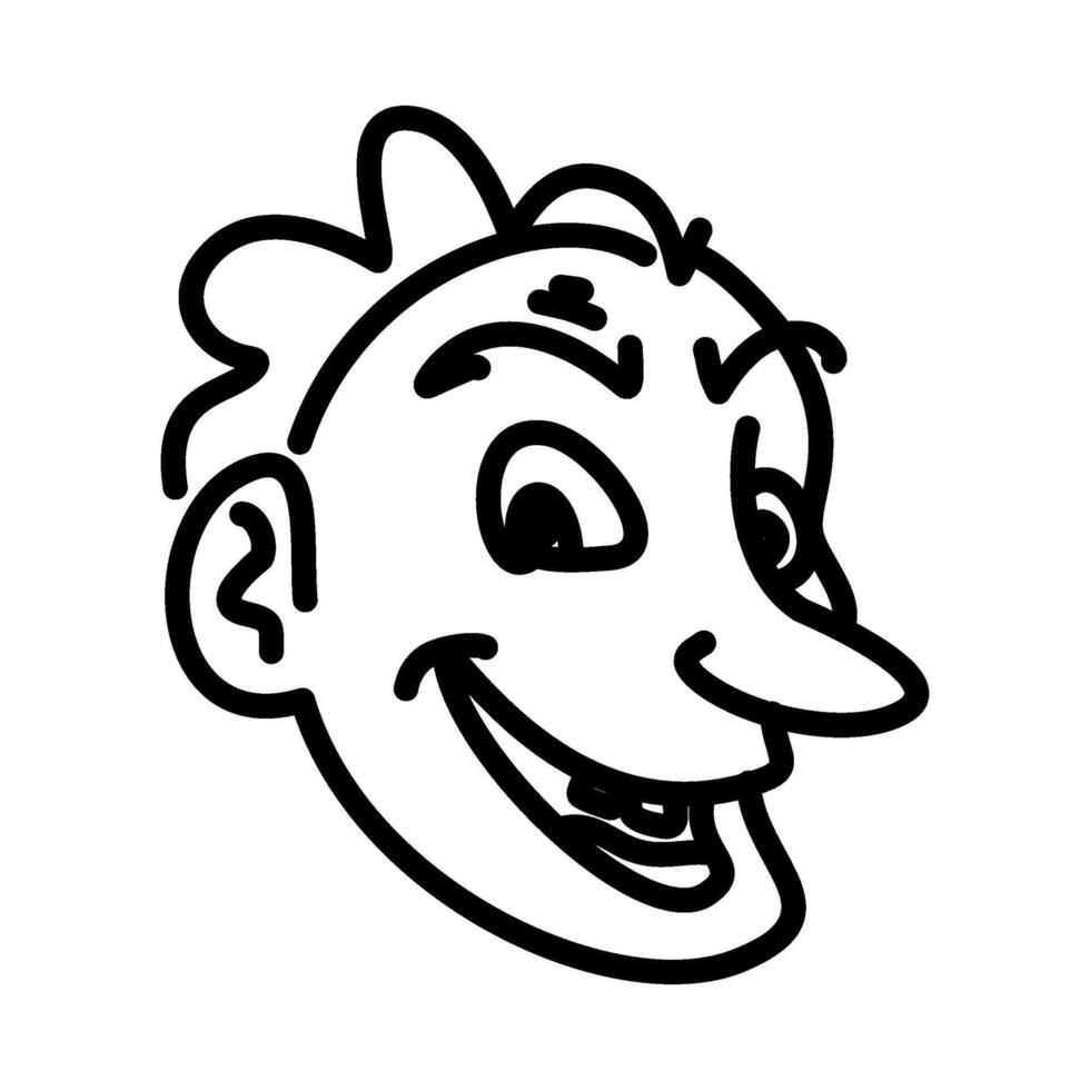 Cartoonish face with a wide grin and prominent nose, outlined in bold black lines. vector