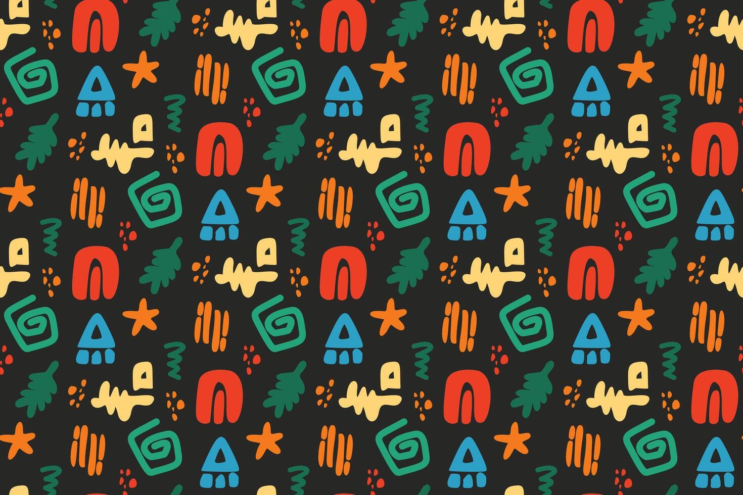 Juneteenth inspired seamless pattern. Abstract shapes in red, green, yellow, and blue on black. Perfect for celebration, fabric, and social media. Vibrant, festive atmosphere for Juneteenth vector