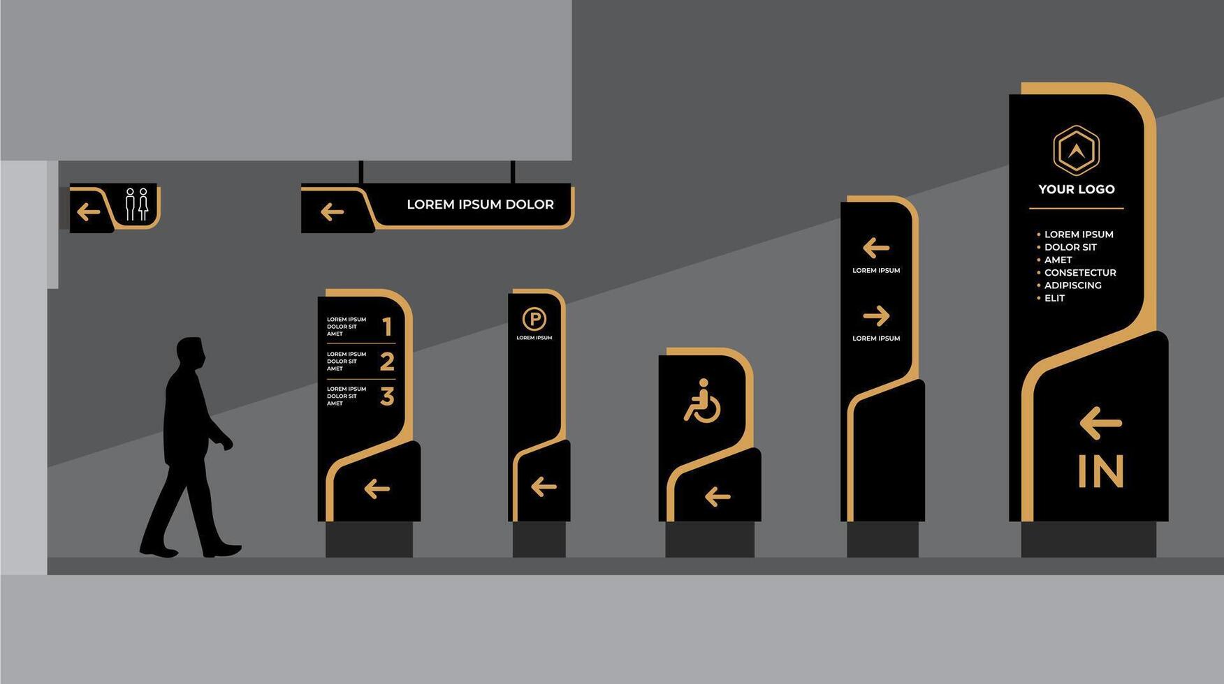 Exterior and interior signage and traffic signage vector