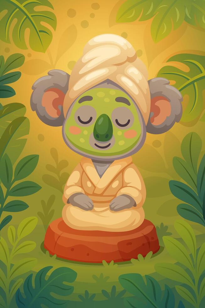 cute koala with cucumber mask on face in lotus flower in meditation vector