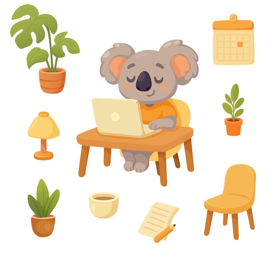 koala set at desk while working remotely vector