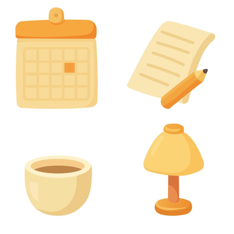 cute office attributes, coffee, lamp, calendar and notes vector