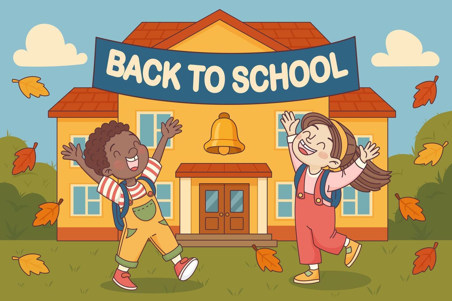 schoolchildren with backpacks in front of school with the inscription back to school with autumn leaves vector