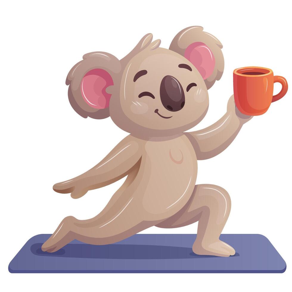 positive koala character standing in yoga pose on mat with coffee in hands vector