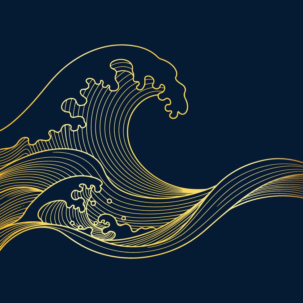 Elegant Gold Line Wave on Dark Background Inspired by Japanese Style Ocean Art for Luxury Designs and Abstract Backgrounds vector