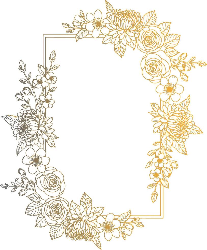 Elegant Gold and Black Floral Frame with Hand Drawn Rose and Botanical Line Art for Wedding Invitations and Luxury Stationery Design vector