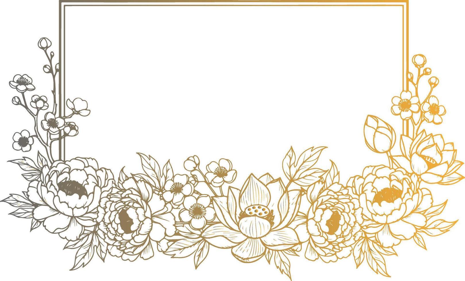 Elegant Botanical Floral Frame with Peonies Lotus and Blossoms in Golden Gradient Line Art Style for Luxury Invitations and Decorative Design vector