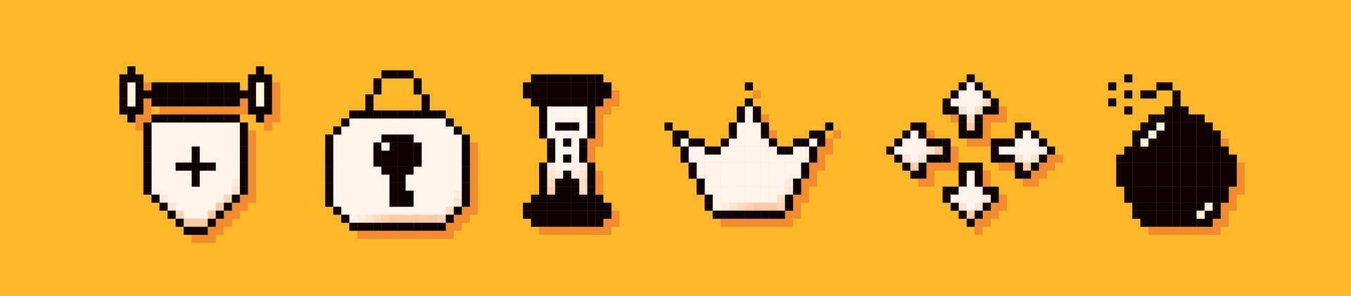A set of 6 pixelart elements. Painted tapestry, latch, hourglass, crown, arrows and bomb. vector