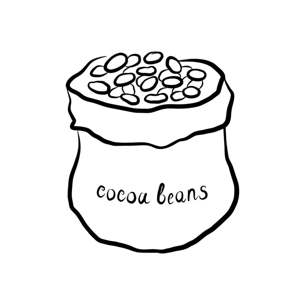 Bag of cocoa beans ink sketch. Illustration with heap of cocoa beans. Design element for template, logo, card, print, paper, sign, wrapping. Chocolate ingredient, organic oil, food, beauty vector