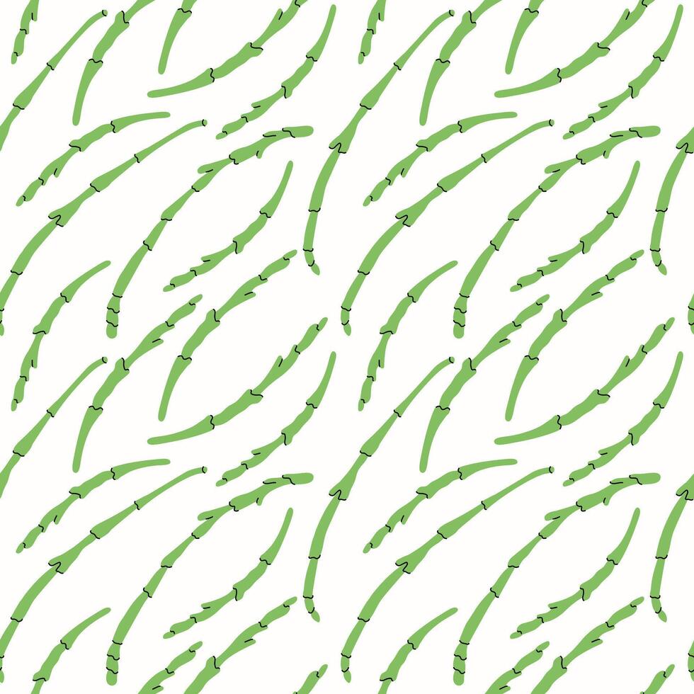 Salicornia or sea asparagus seamless pattern. Repeating botanical background of edible herbaceous shoots for wrapping, label, menu, card, print. Food, succulent plant, greenery. Textured rapport vector