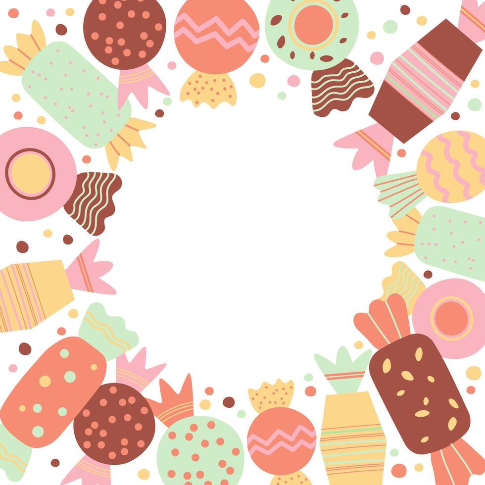 Candy border card for text. Hand drawn coloured template with different candies, sweet and chocolate treats, dessert. Design for October 18 is World Candy Day. Food illustration for flyer, print vector