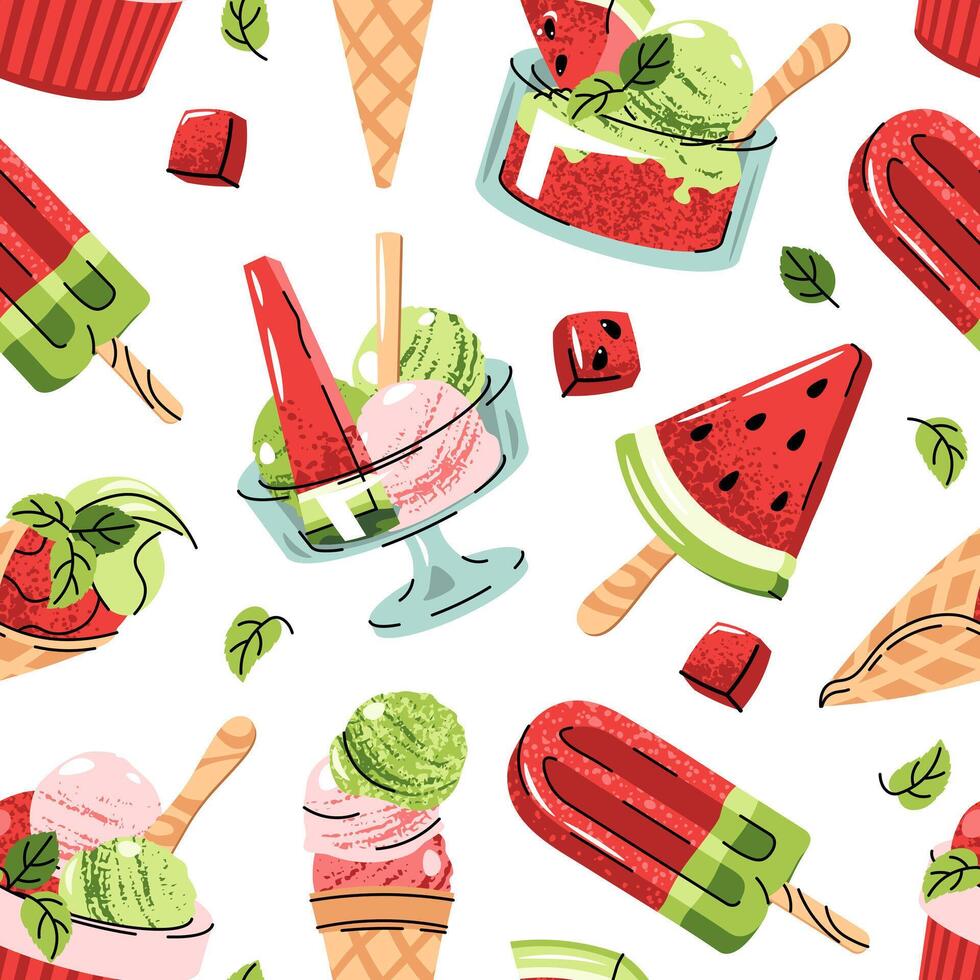 Watermelon Ice Cream Seamless Pattern in Flat Design. Background with sorbet with Mint Leaves and Watermelon Slices. Ideal for Food Graphics, Summer Textiles, Wallpapers, Lifestyle Branding vector