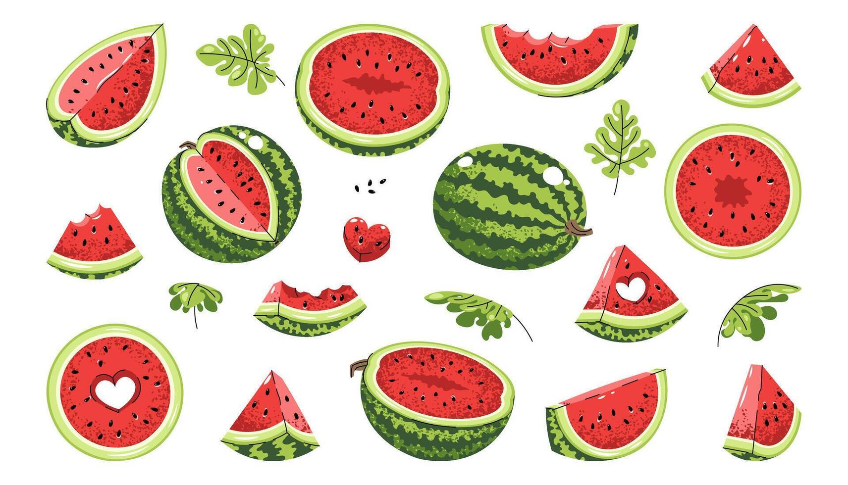 Watermelon Icon Set Flat Illustrations of Whole Fruit and Slices on White Background. Minimalist Design for Stickers, Logos, Summer Graphics, Food Packaging, Social Media and Digital Projects. vector