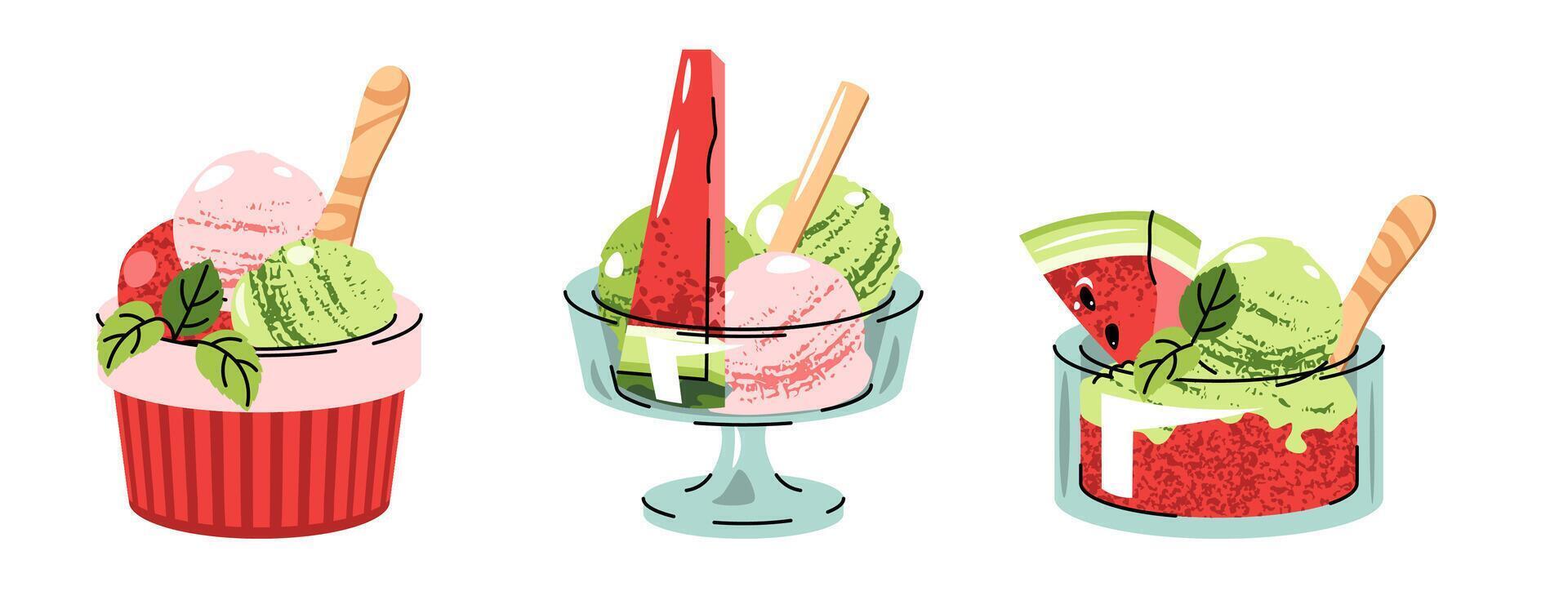 Watermelon Sorbet Illustration Set with Fruit Piece in Glass Bowl or Cup with Wooden Spoon on White Background. Flat Design Ice cream Collection for Stickers, Logos, Summer Graphics, Food Packaging vector