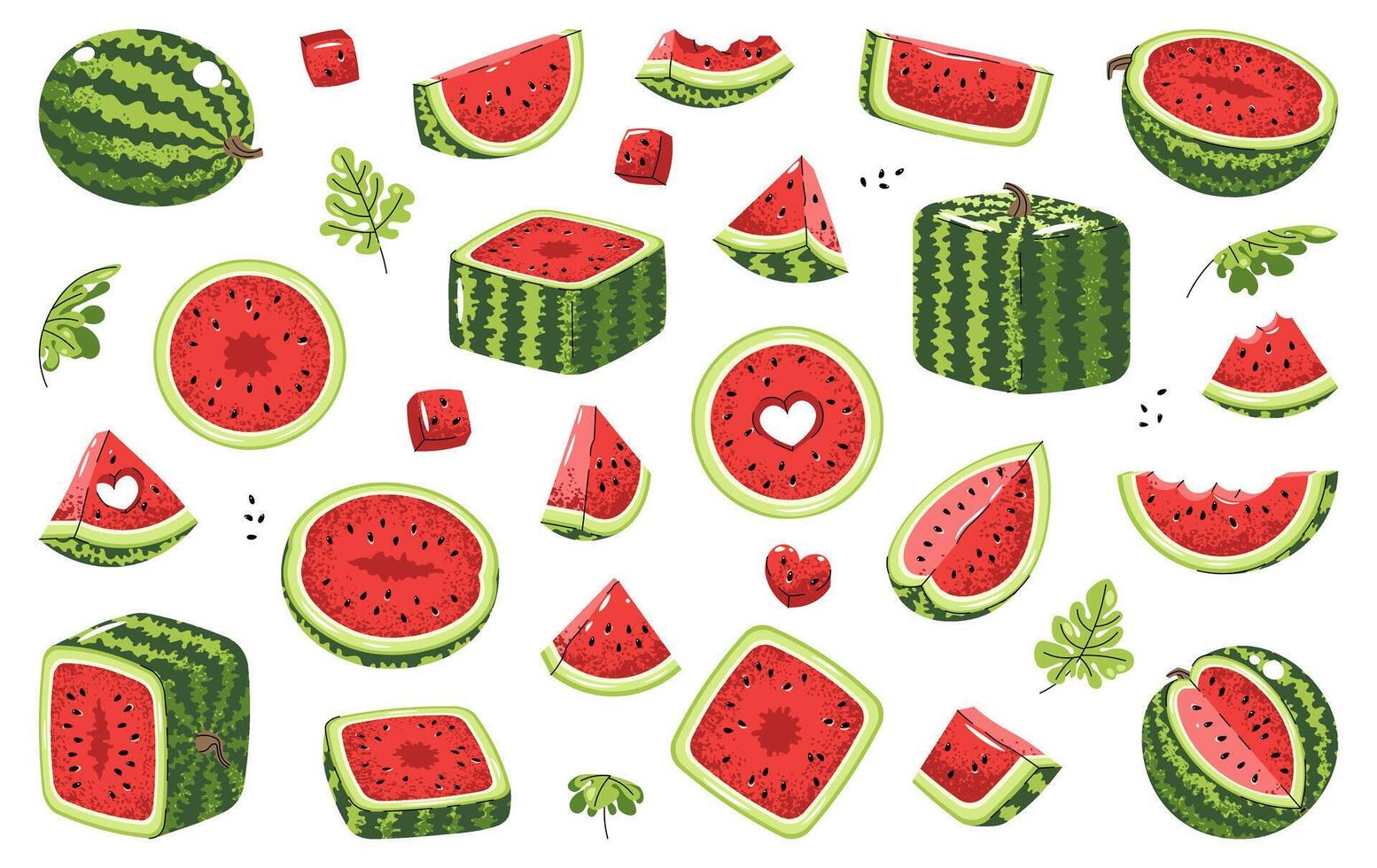Juicy watermelon collection. Flat illustrations of whole fruit, fresh slices and leaves on white background. Ideal for sticker packs, food branding, beverage labels, summer merch, market vector