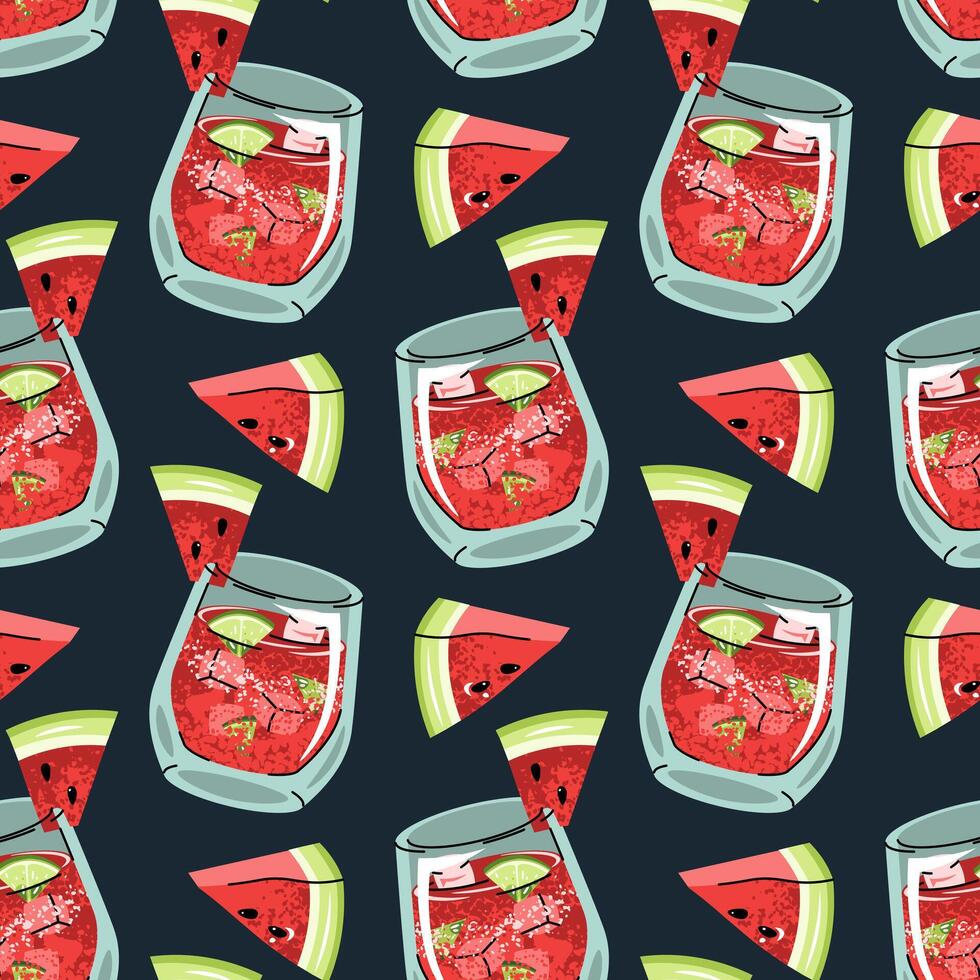Watermelon cocktail flat seamless pattern. Background with Summer drink with ice cubes and fresh watermelon slices. Bar menu, party decor, beverage packaging, tropical design. illustration. vector