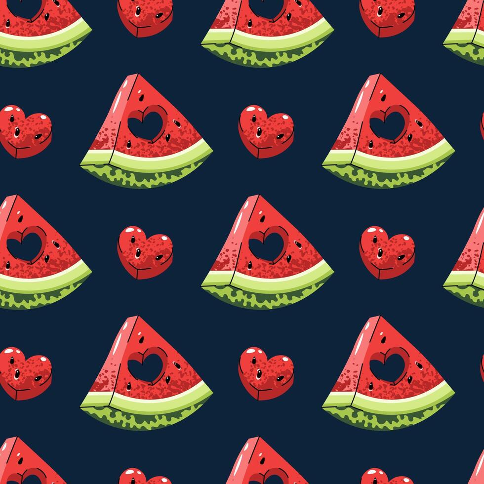 Watermelon Heart Seamless Pattern. Flat Design with Juicy Slice and Cut-Out Heart. Romantic Fruit Repeat for Valentines Day, Wedding Decor, Textile, Wrapping Paper. Sweet Background vector