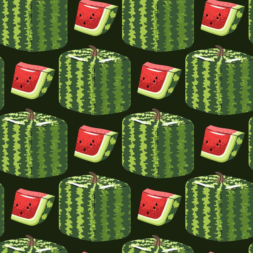 Square Watermelon Seamless Pattern. Flat Design Geometric Fruit Repeat. Ideal for Modern Textiles, Packaging, Wallpaper, Digital Backgrounds. Minimalist Illustration. vector